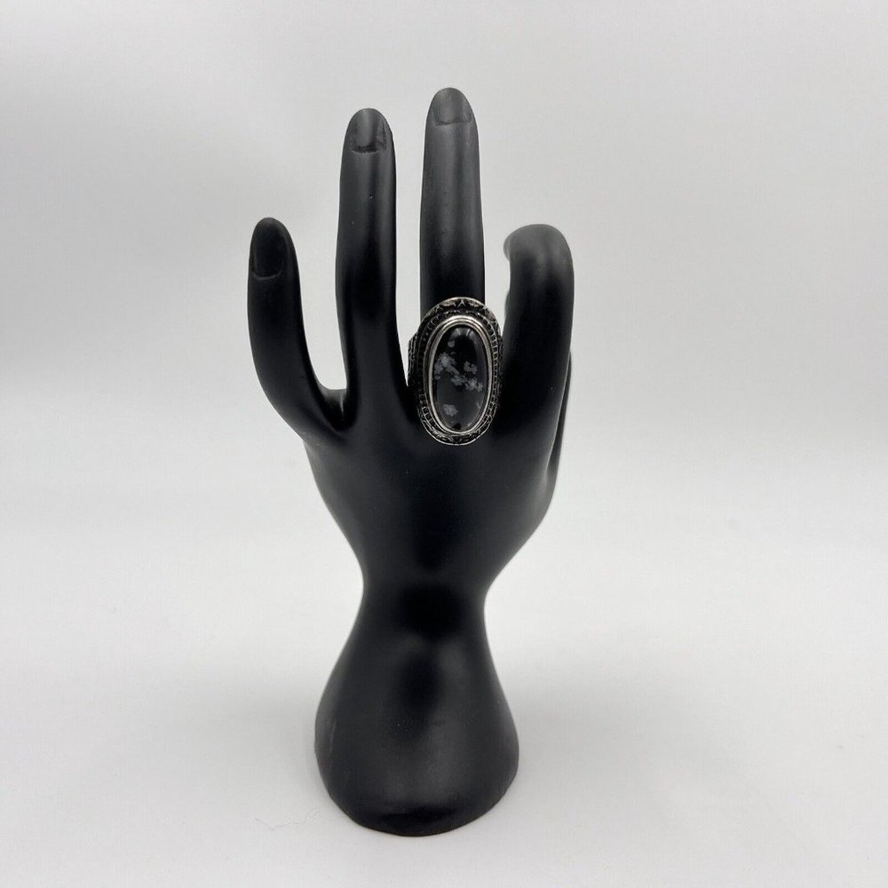 Statement Large Black Oval Stone Snowflake Scroll Ring Band Size 7